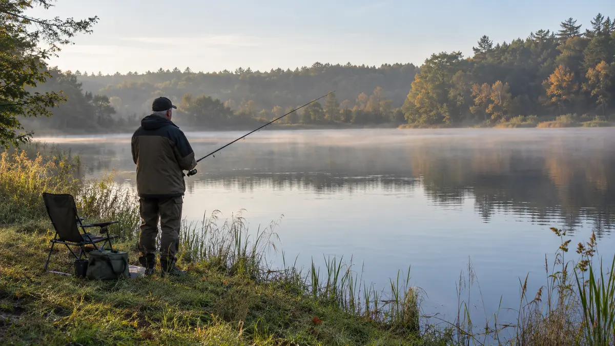 Illustrierte Szene eines Anglers an einem ruhigen See in der Krajna.